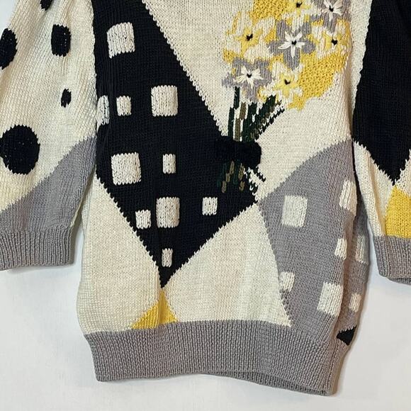 Berek Vintage 80s Hand Knit Sweater Dots and Daisies Size Small Funky Novelty - Picture 5 of 8